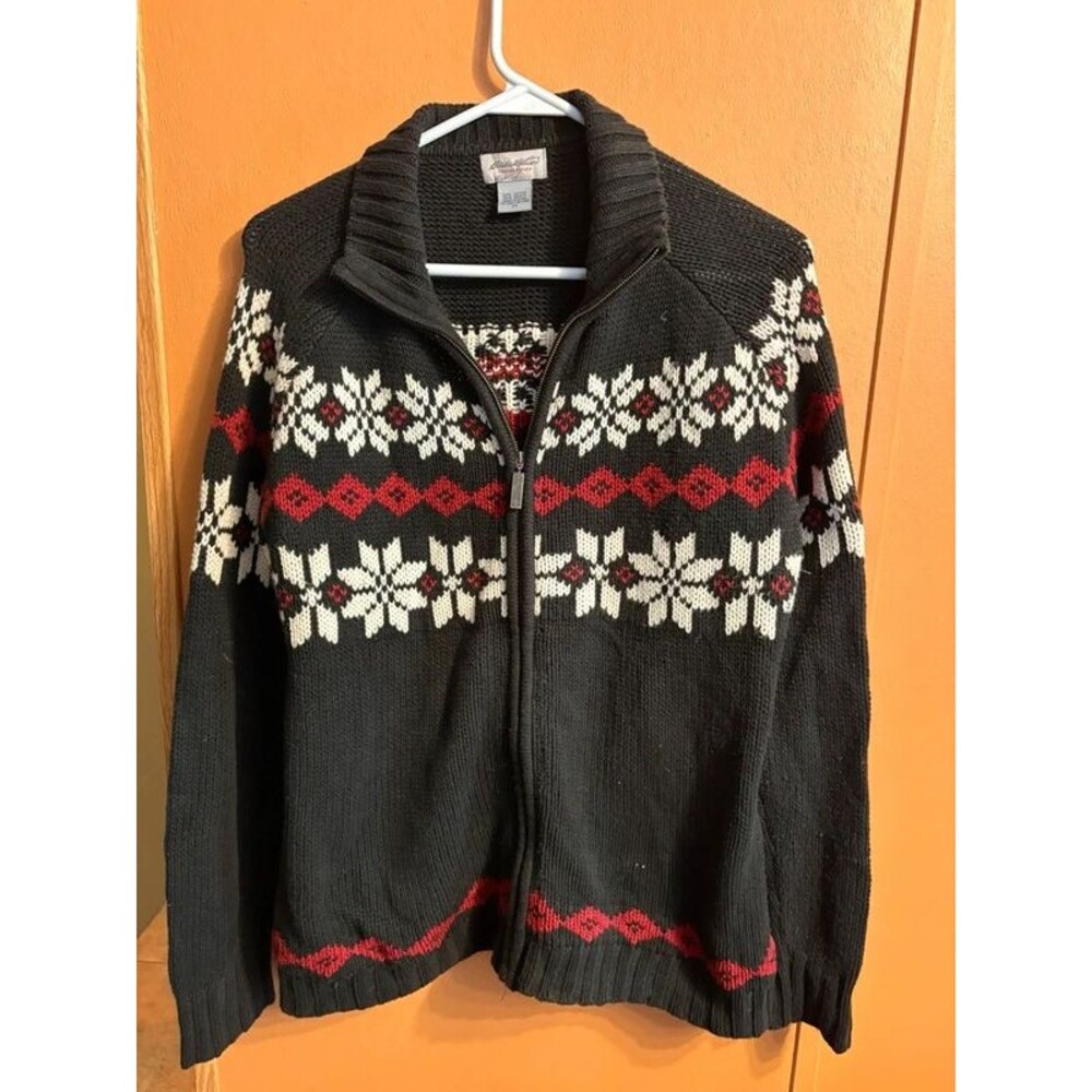 Eddie Bauer knit full zip up cardigan sweater, snowflake winter Y2K vintage